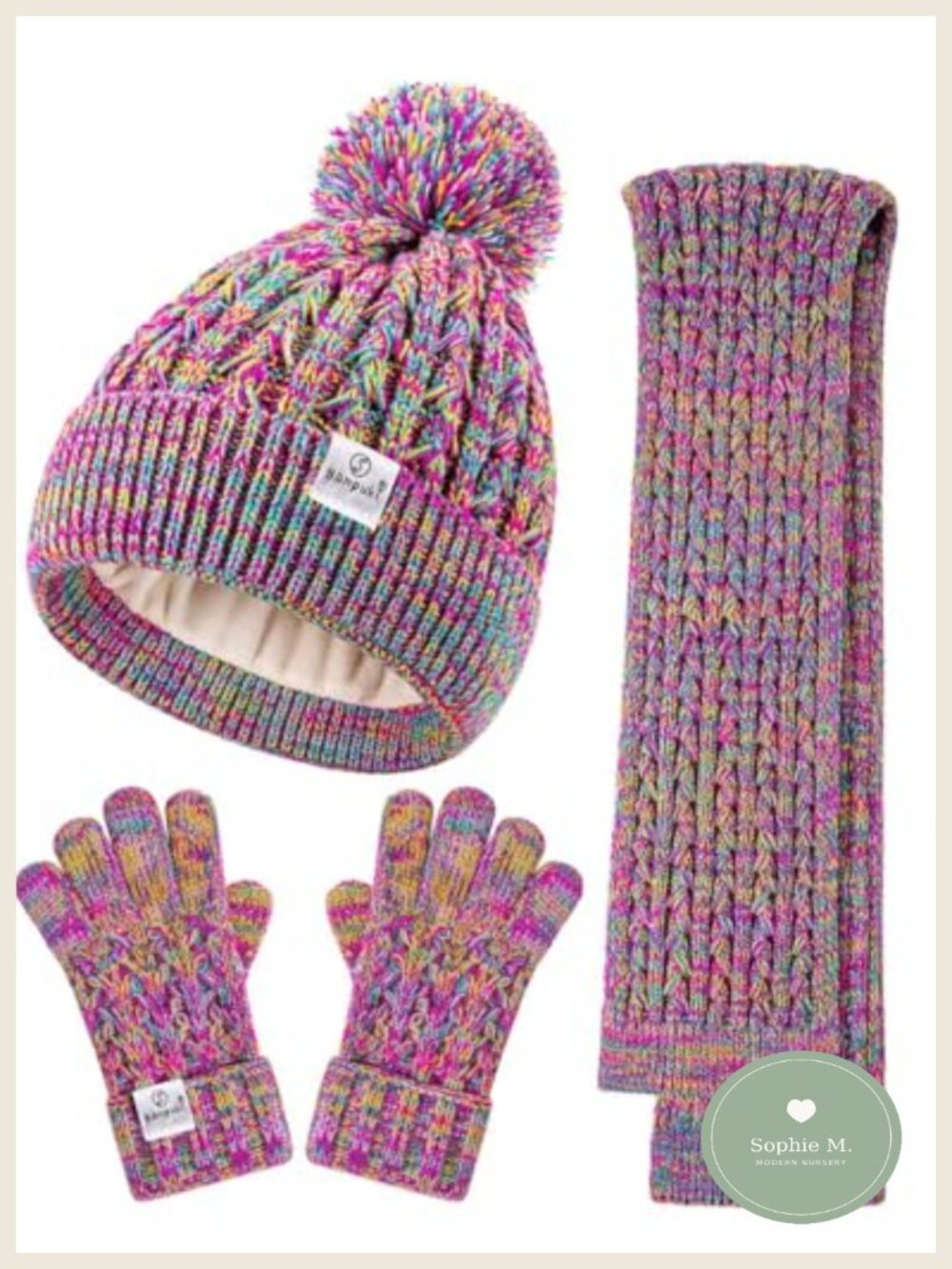 Kids Winter Hat Gloves Scarf Set Fleece Lined Beanie Pom Neck Warmer